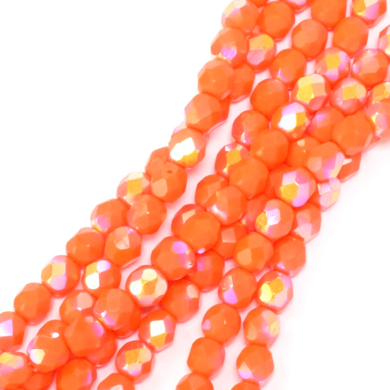 Fil de perles de Bohème rondes facettées 6mm orange foncé irisé AB