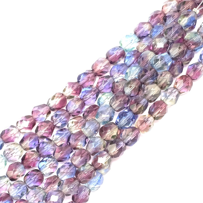 Fil de perles de Bohème rondes facettées 6mm nuances de bleu et violet transparent
