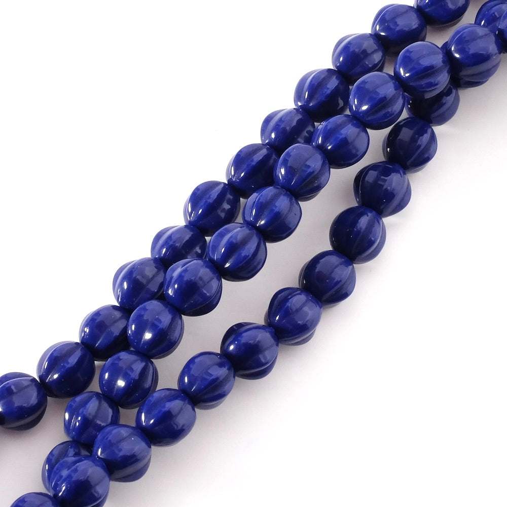 Fil de perles de Bohème rondes striées 6mm bleu foncé