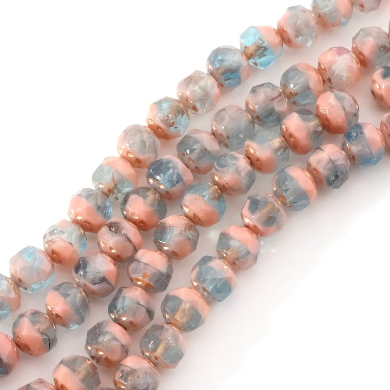 Fil de perles de Bohème rondes facettées 6mm nuances de bleu et rose