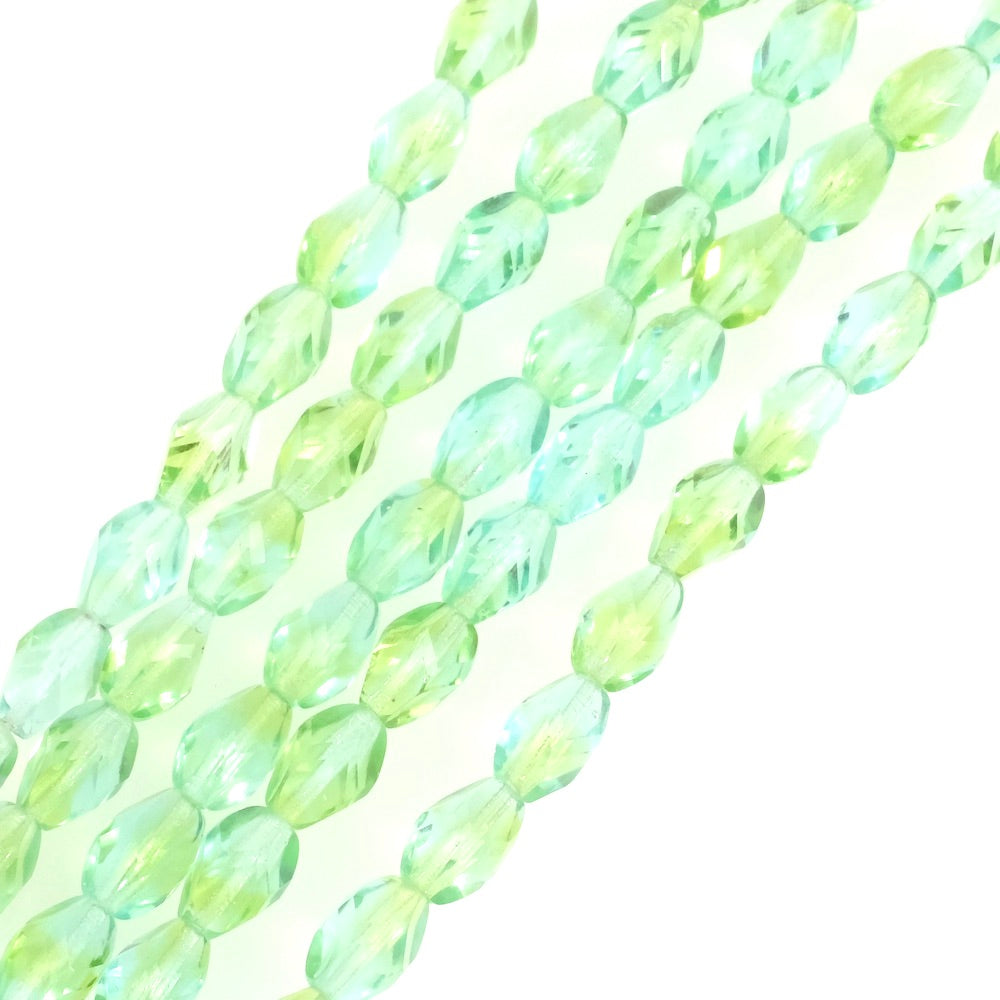 Fil de perles de Bohème Olives facettées 9x6mm nuances de vert et bleu clair