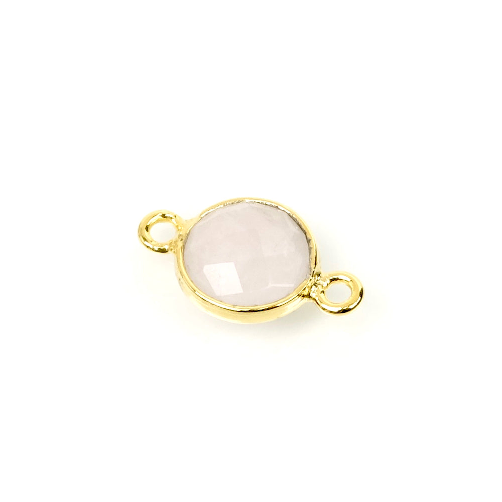 Conector redondo crimpado de 8 mm de quartzo rosa em latão banhado a ouro com ouro fino Premium 24K