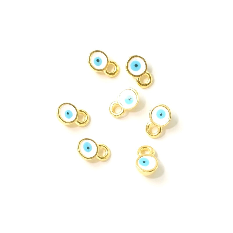 2 minis Pendentifs oeil émaillé blanc rond en Zamak doré 24K