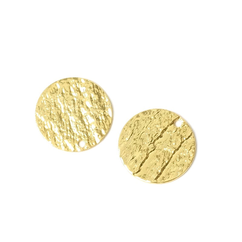 2 Pendentifs Ronds 13mm texture Ardoise en laiton doré à l'or fin 24K