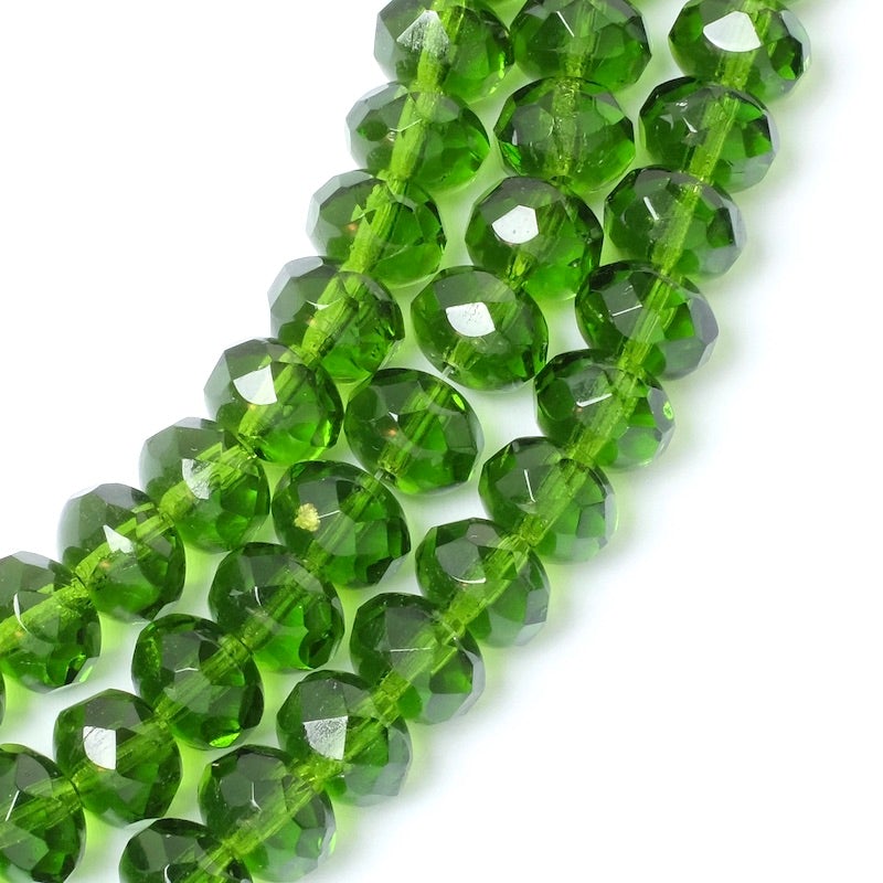 Fil de perles de Bohème facettées Vert bouteille transparent 6x8mm