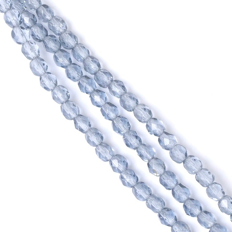 Fil de perles de Bohème rondes facettées Gris bleu transparent 4mm
