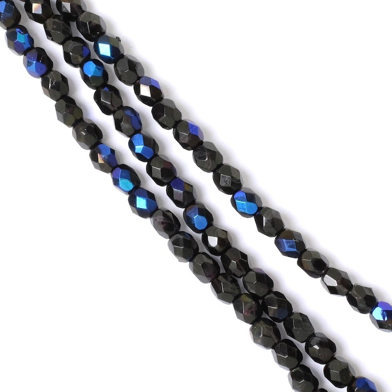 Fil de perles de Bohème rondes facettées noir bleuté opaque 4mm