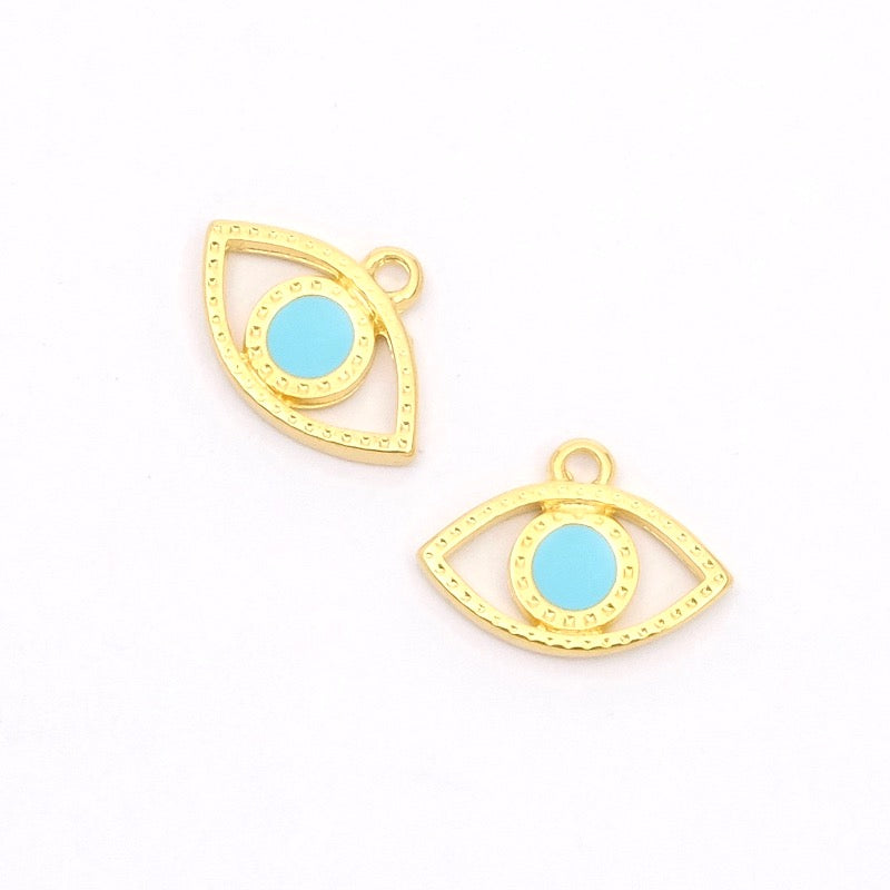 2 Pendentifs oeil émaillé Turquoise en Zamak doré 24K