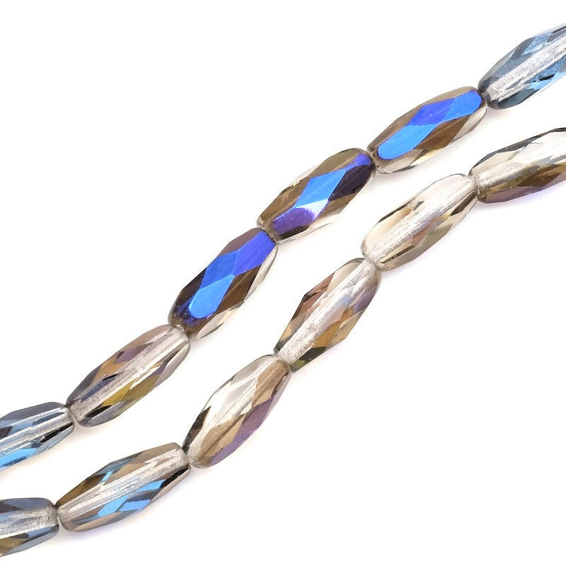 Fil de perles de Bohème Olives allongées 15 x 6mm Gris transparent irisé bleu 