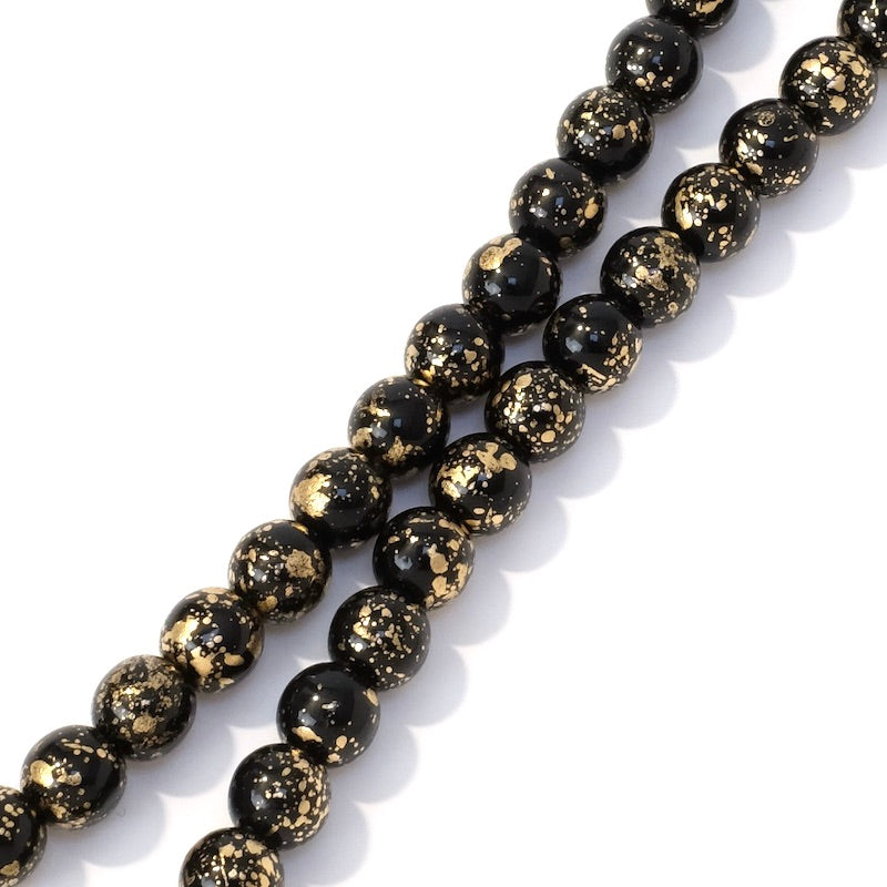 Fil de perles de Bohème rondes 6mm noir doré opaque