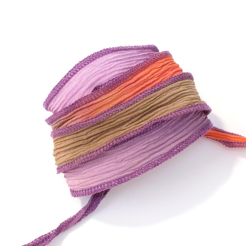 Ruban de soie teint à la main - Nuances violet et orangé