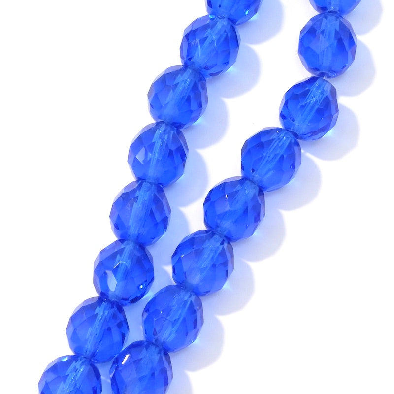 Fil de perles de Bohème rondes facettées Bleu roi transparent 10mm