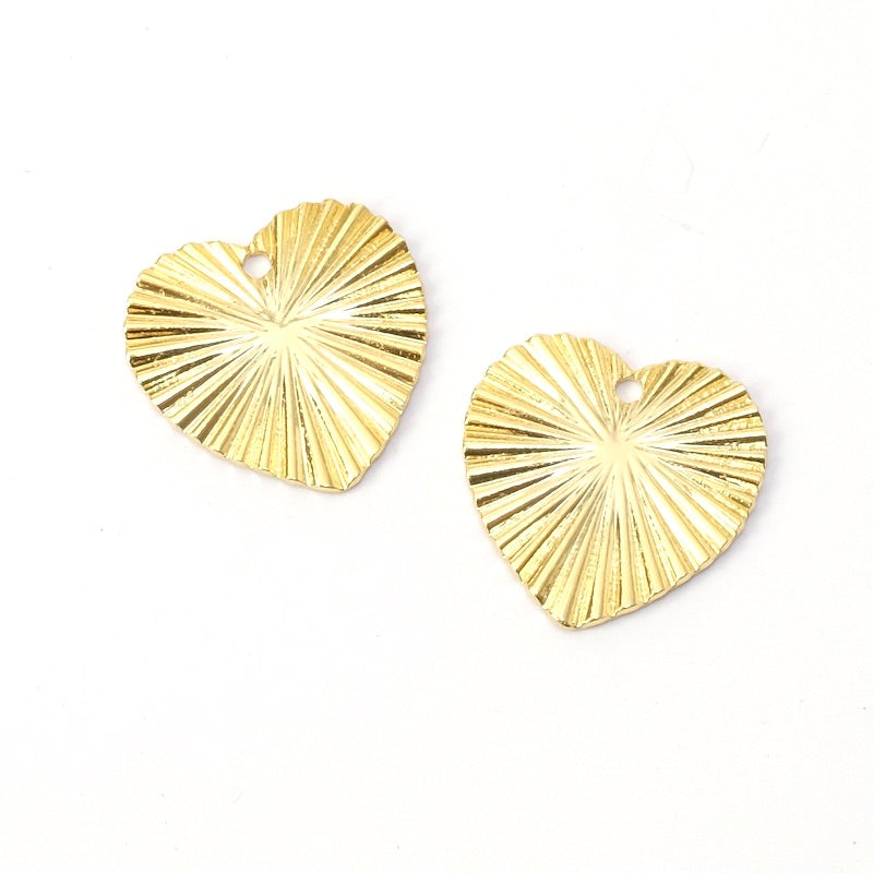 2 pendentifs coeur ondulé en laiton Doré à l'or fin 24K Premium