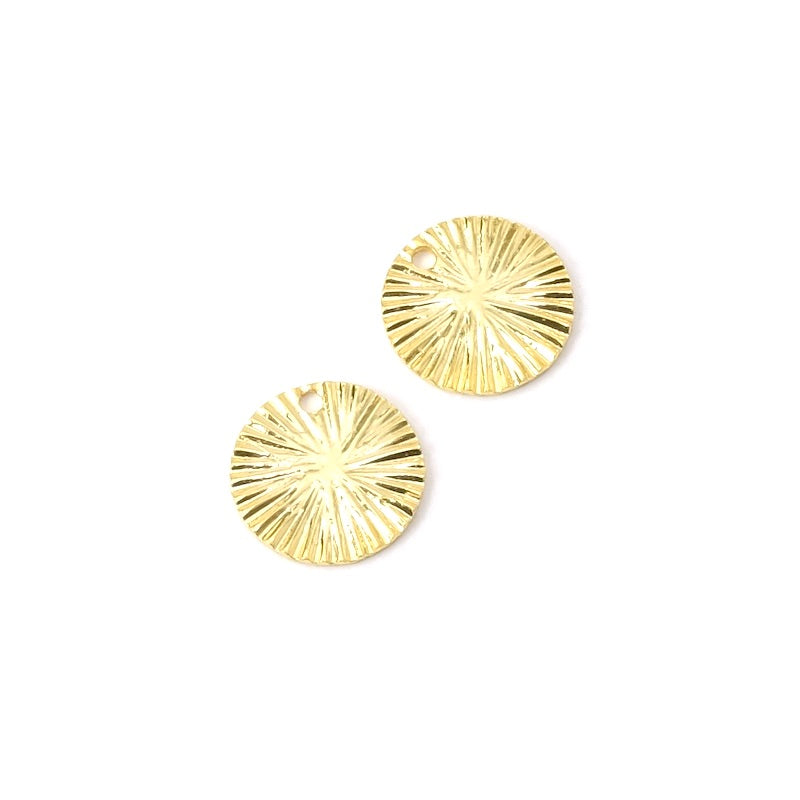2 pendentifs rond ondulé 10mm en laiton Doré à l'or fin 24K Premium