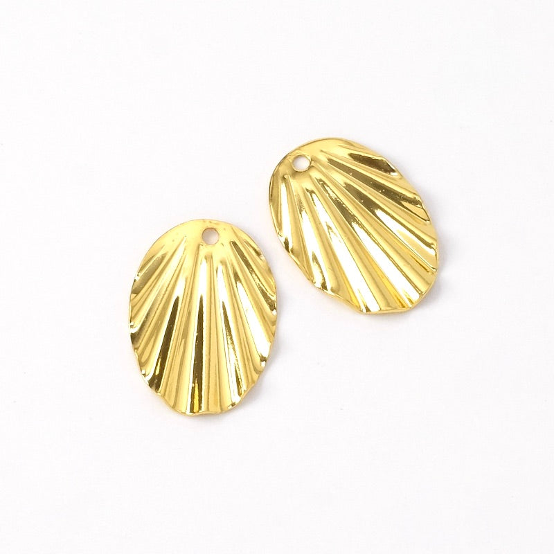 2 pendentifs Ovales ondulés 18mm en laiton Doré à l'or fin 24K Premium