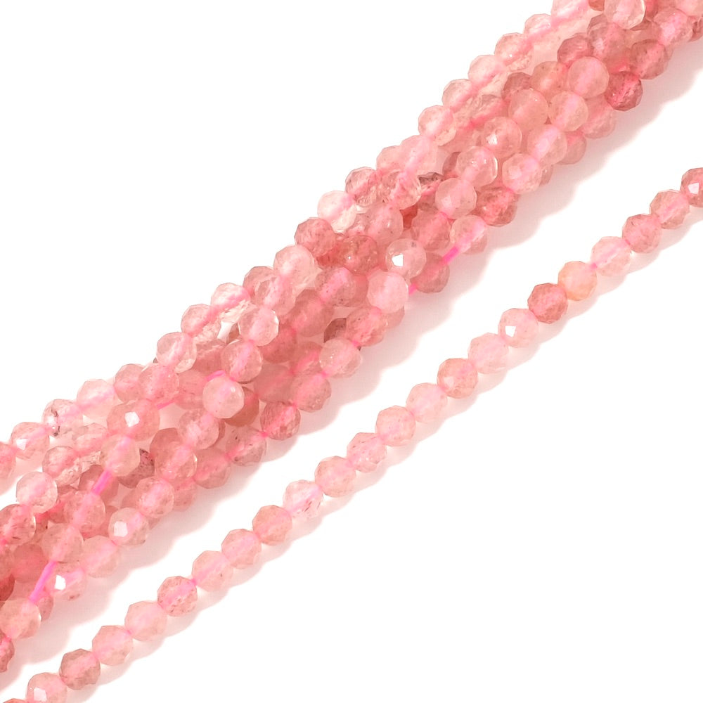 Fil de perles naturelles rondes facettées 4mm en Quartz fraise
