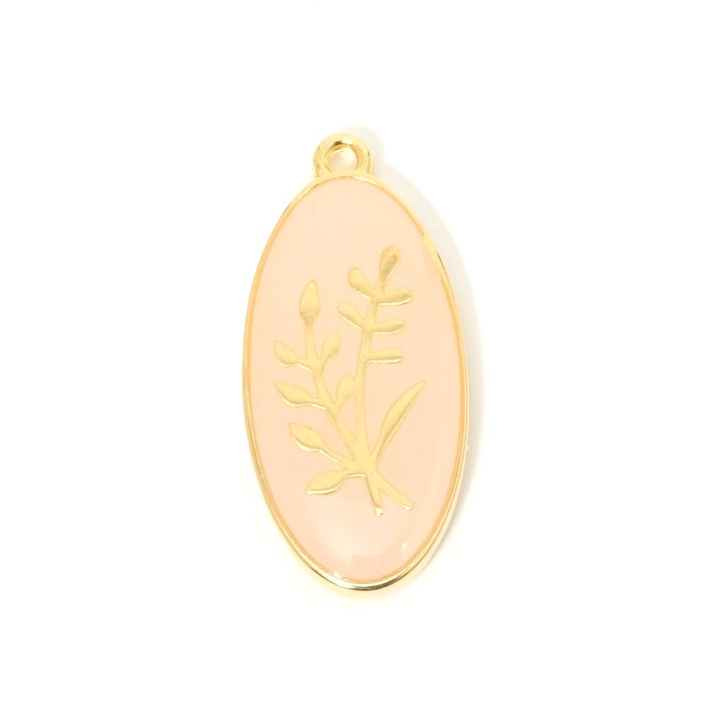 Pendentif ovale avec motif végétal émaillé rose poudré doré 24K