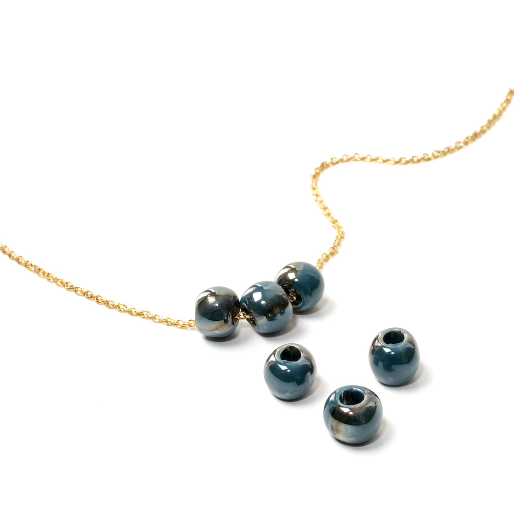 6 Perles rondes en céramique artisanale Pétrole