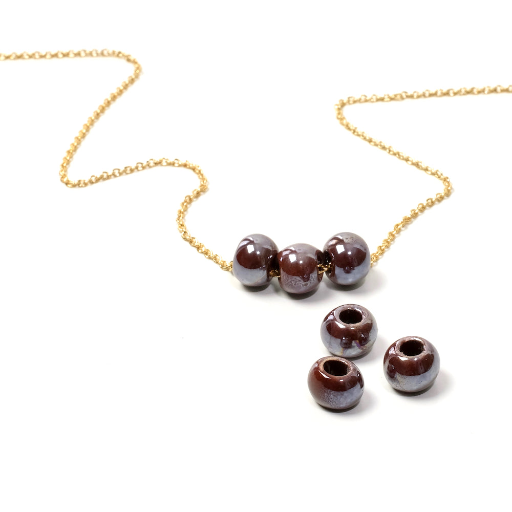 6 Perles rondes en céramique artisanale Lie de vin