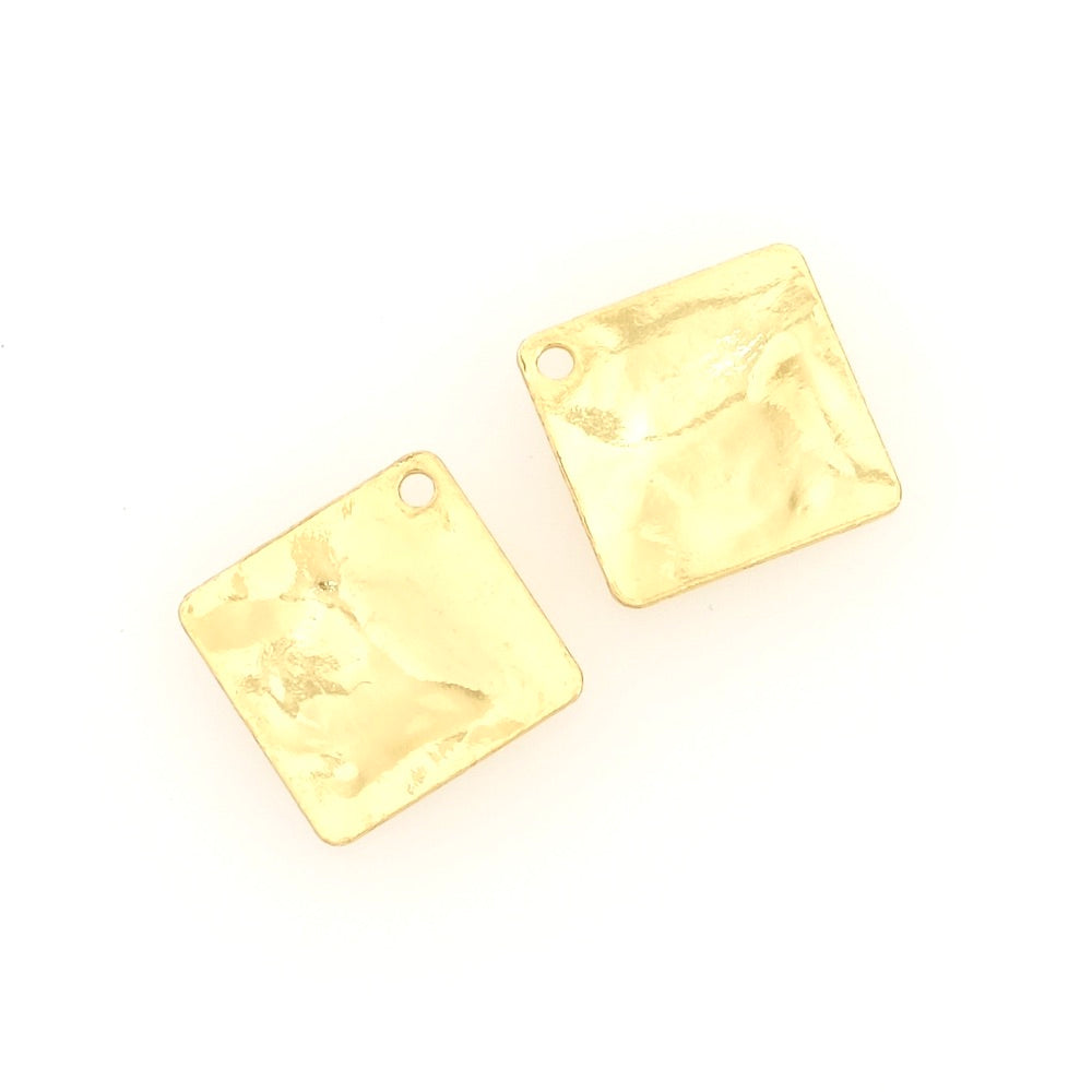 2 pendentifs carrés martelé 12mm en laiton doré à l'or fin 24K Premium