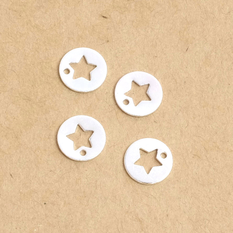 4 Pendentifs ronds étoile en laiton Argenté 925