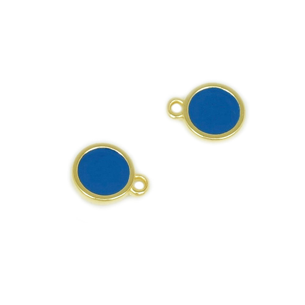 2 pendentifs ronds émaillés bleu en Zamak doré Or 24K