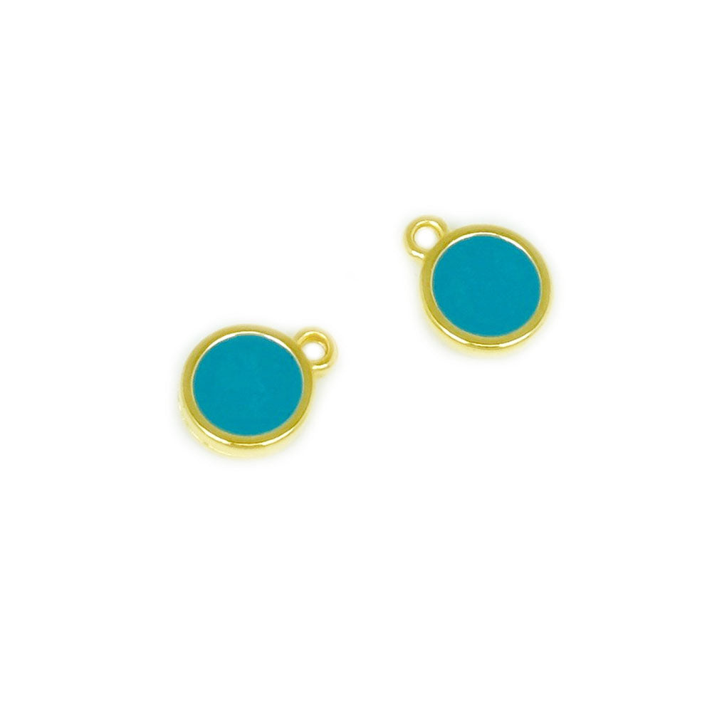 2 pendentifs ronds émaillés bleu azur en Zamak doré Or 24K