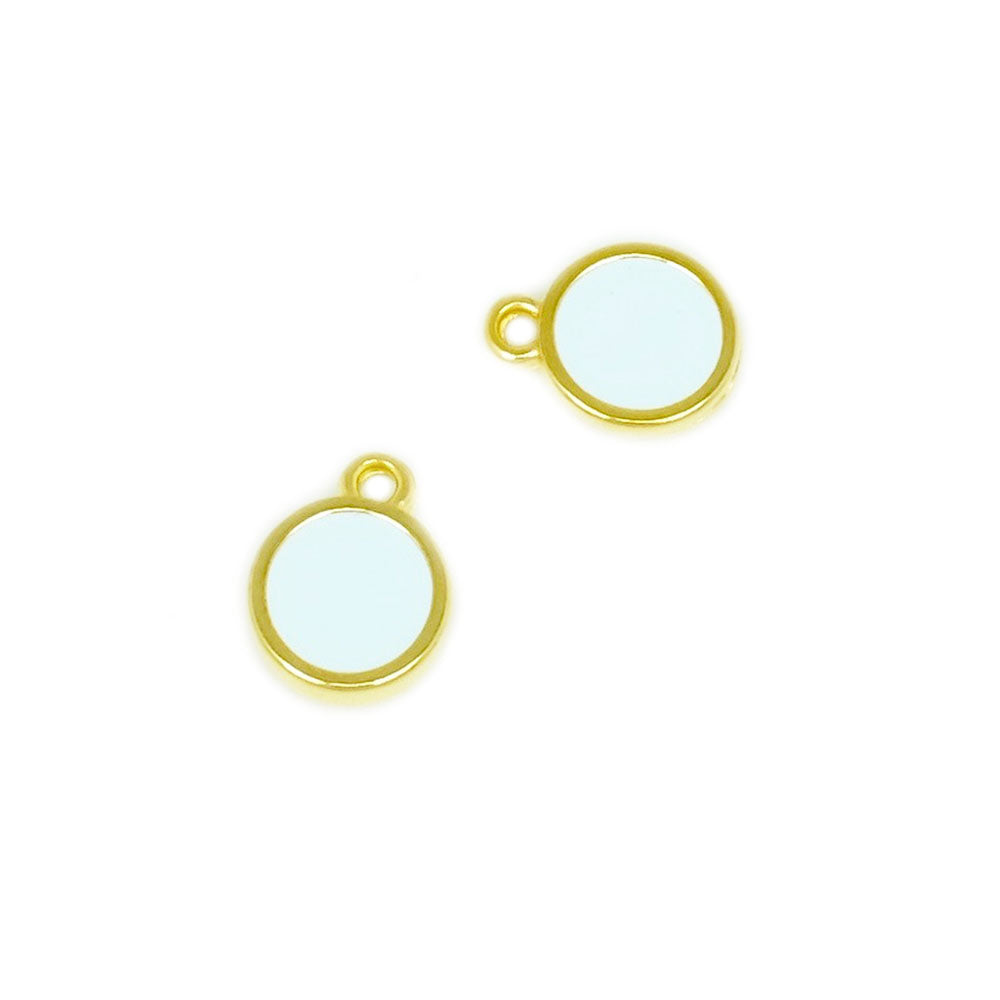 2 pendentifs ronds émaillés bleu polaire en Zamak doré Or 24K
