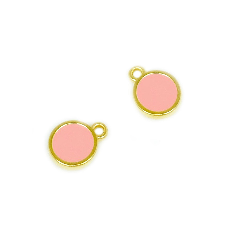 2 pendentifs ronds émaillés rose corail en Zamak doré Or 24K