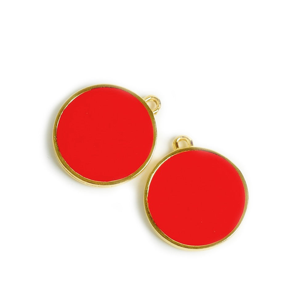 Pendentif rond 19mm émaillé Rouge intense en Zamak doré Or 24K