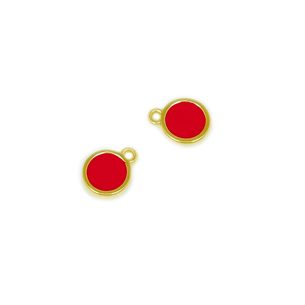 2 pendentifs ronds émaillés rouge vif en Zamak doré Or 24K