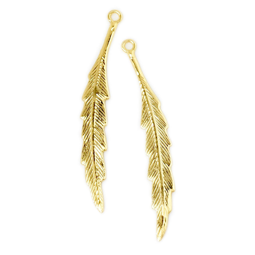 2 Pendentifs Plumes en laiton Doré à l'or fin 24K