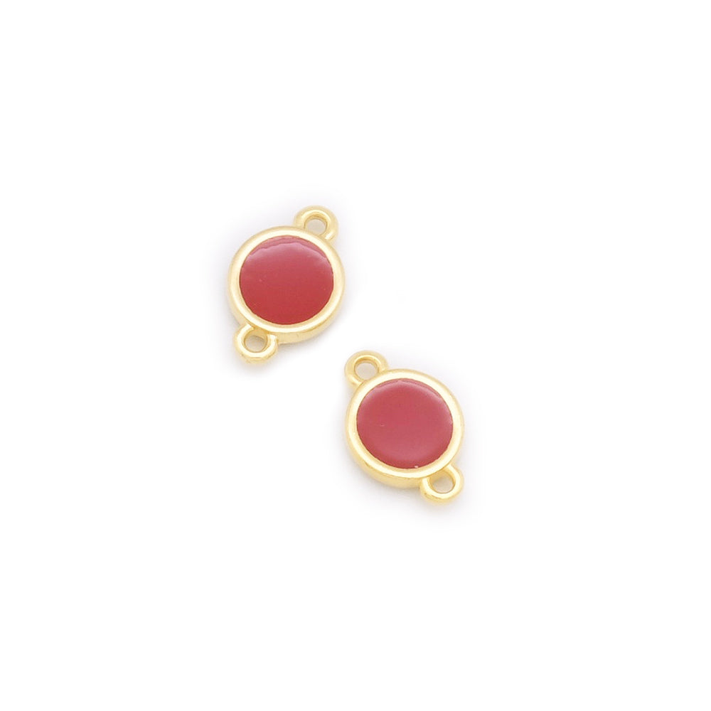 Set of 2 round connectors enamelled Burgundy Red in 24K Gold Zamak