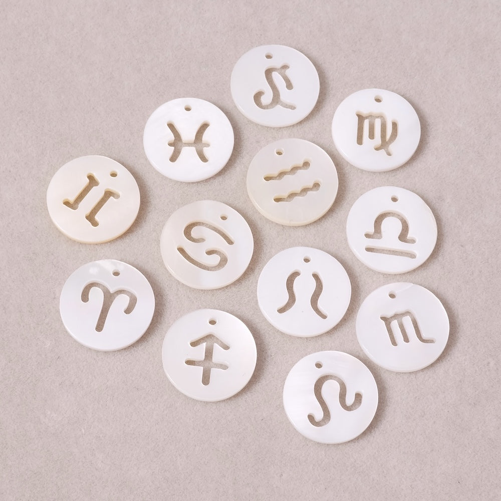 12 Round Pendants Astrological signs 12mm natural mother-of-pearl