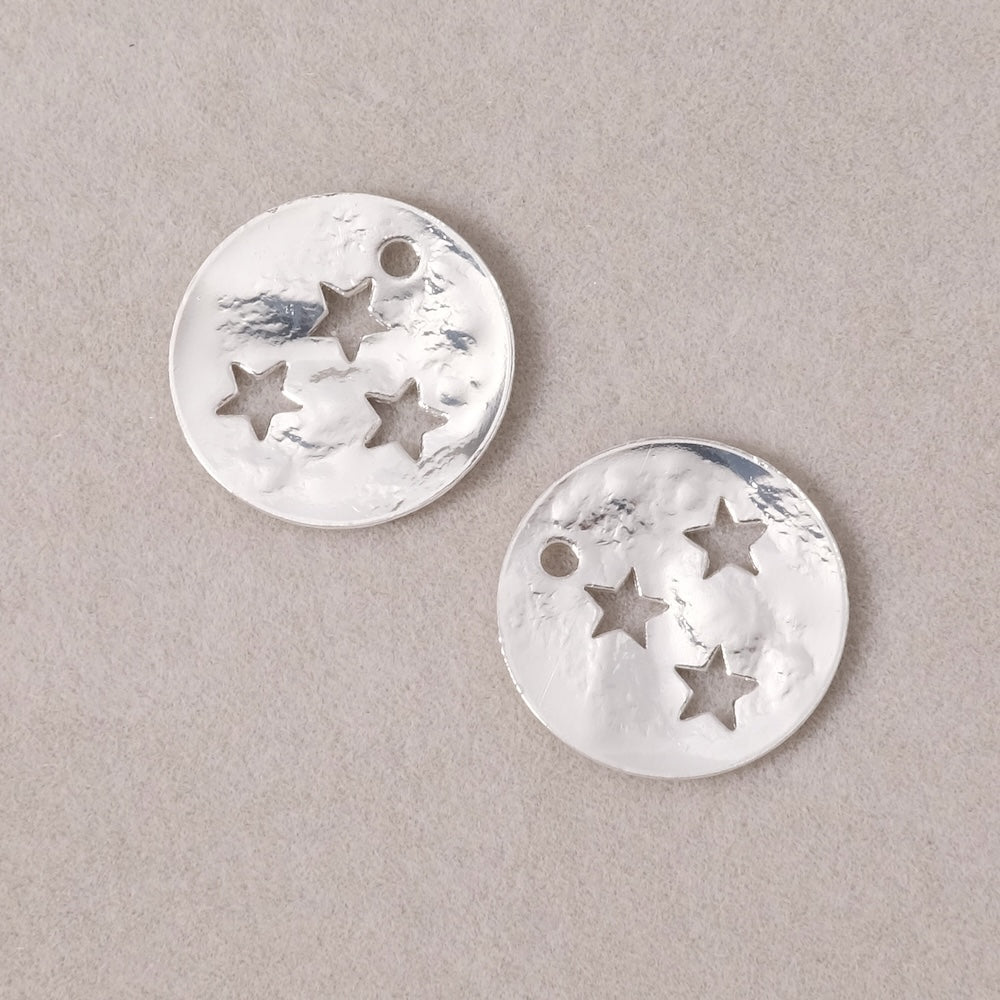 2 Hammered Star 15mm Pendants in Premium 925 Silver-Plated Brass