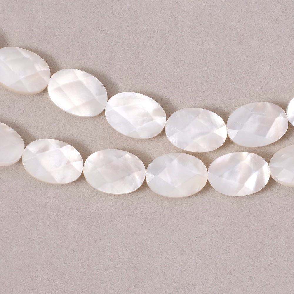 2 faceted oval beads 10x14mm in white Mother-of-Pearl, very fine quality