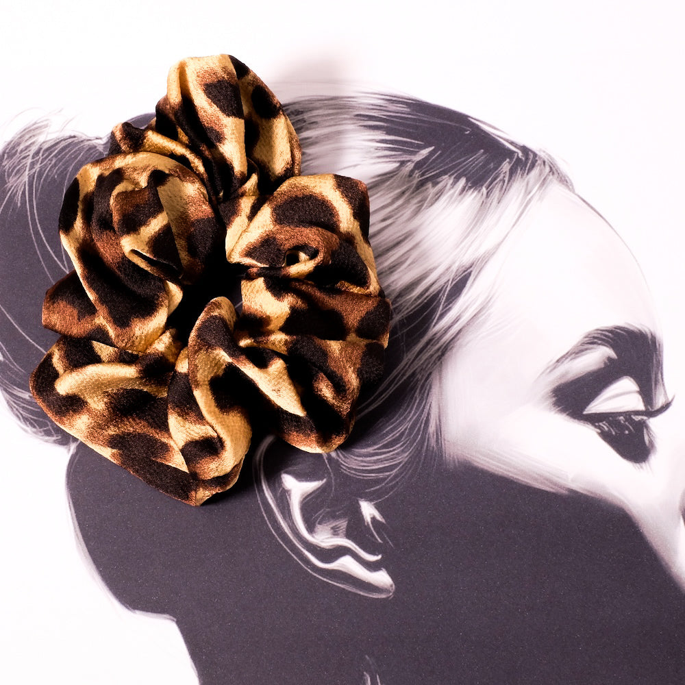 Brown and black leopard print elastic hair scrunchie