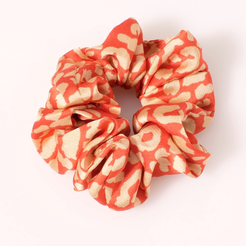Brick red and beige leopard print elastic hair scrunchie