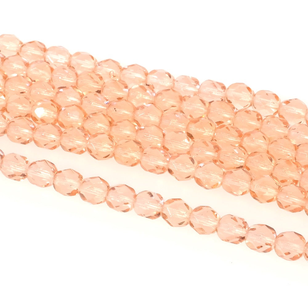 Strand of round faceted Bohemian beads 6mm pink transparent