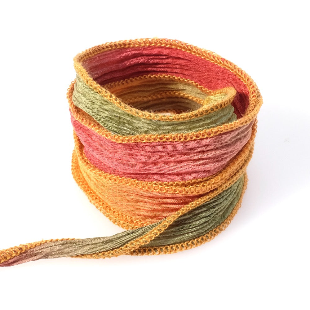 Tie and Dye orange green pink couture orange hand-dyed silk ribbon