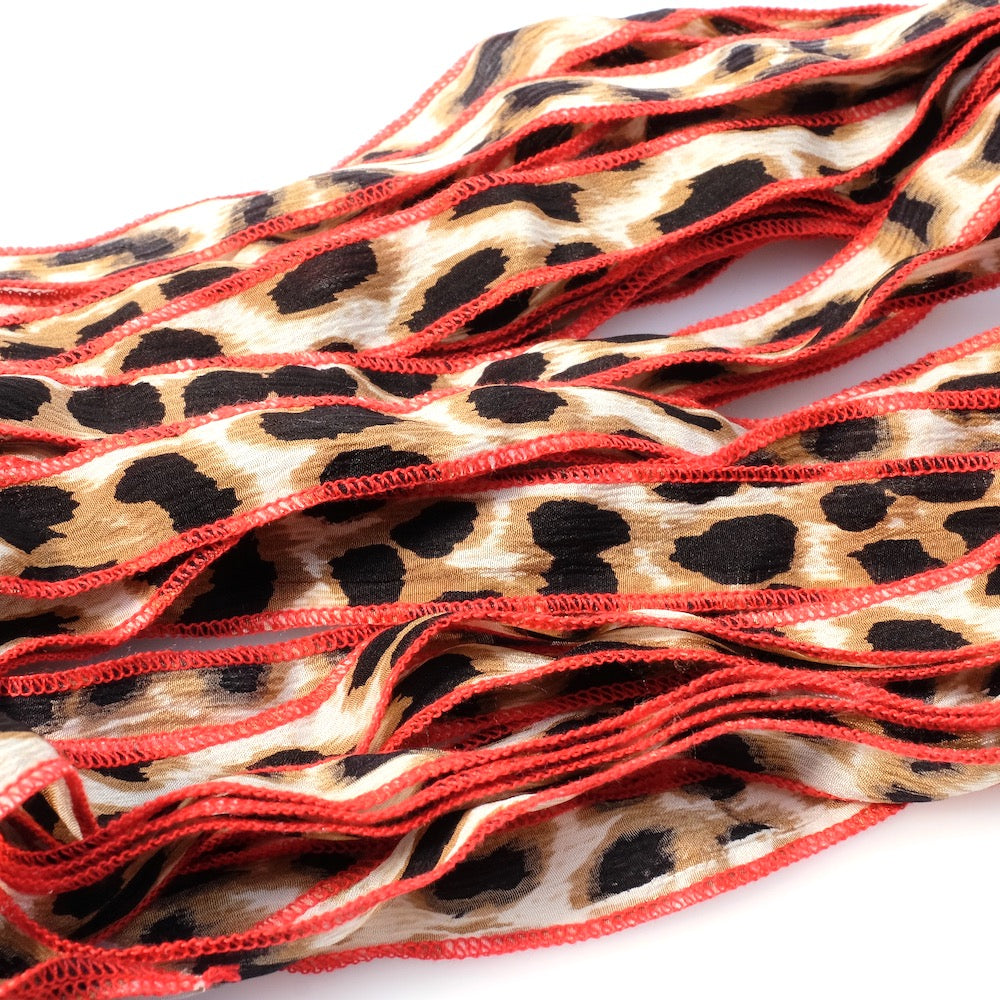 Printed silk ribbon, Leopard print with red stitching