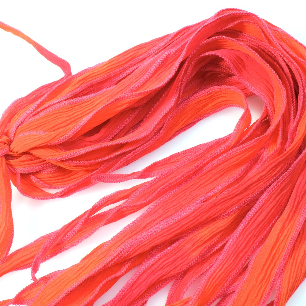 Hand-dyed silk ribbon Tie and Dye orange fuchsia couture pink