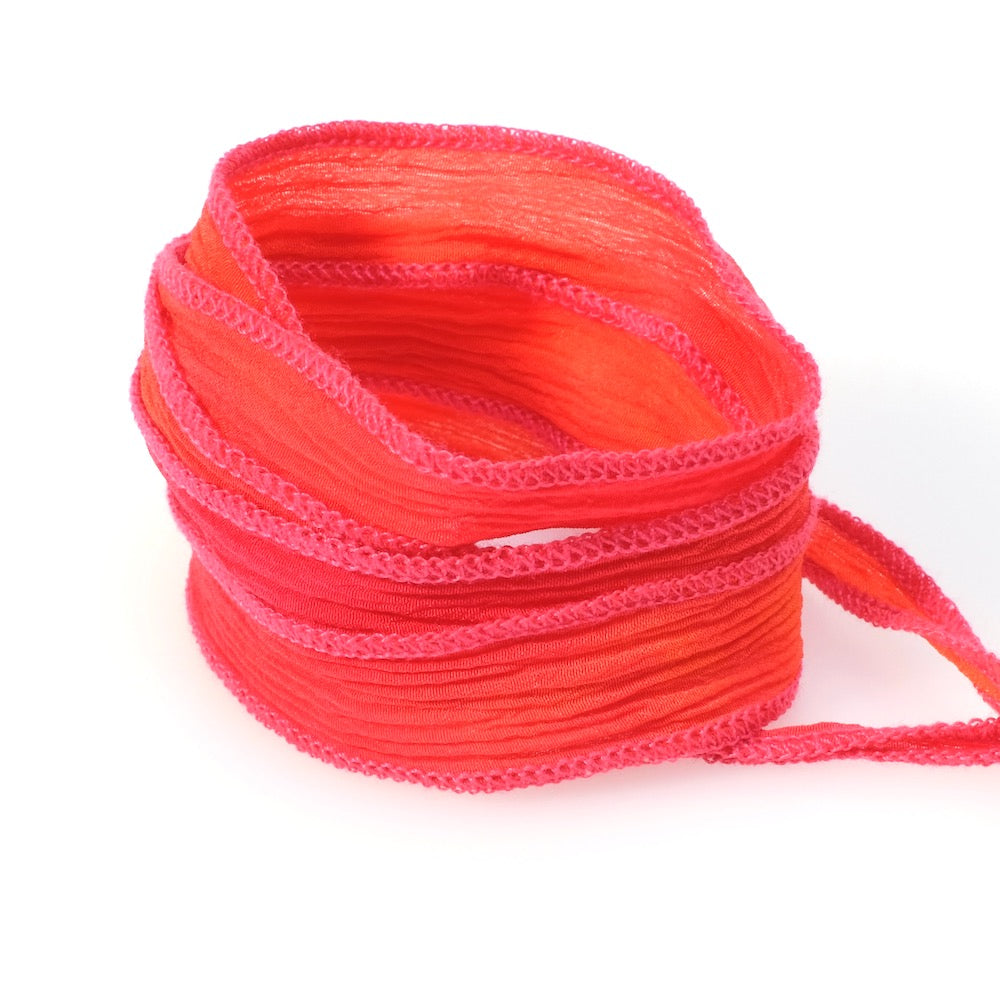 Hand-dyed silk ribbon Tie and Dye orange fuchsia couture pink