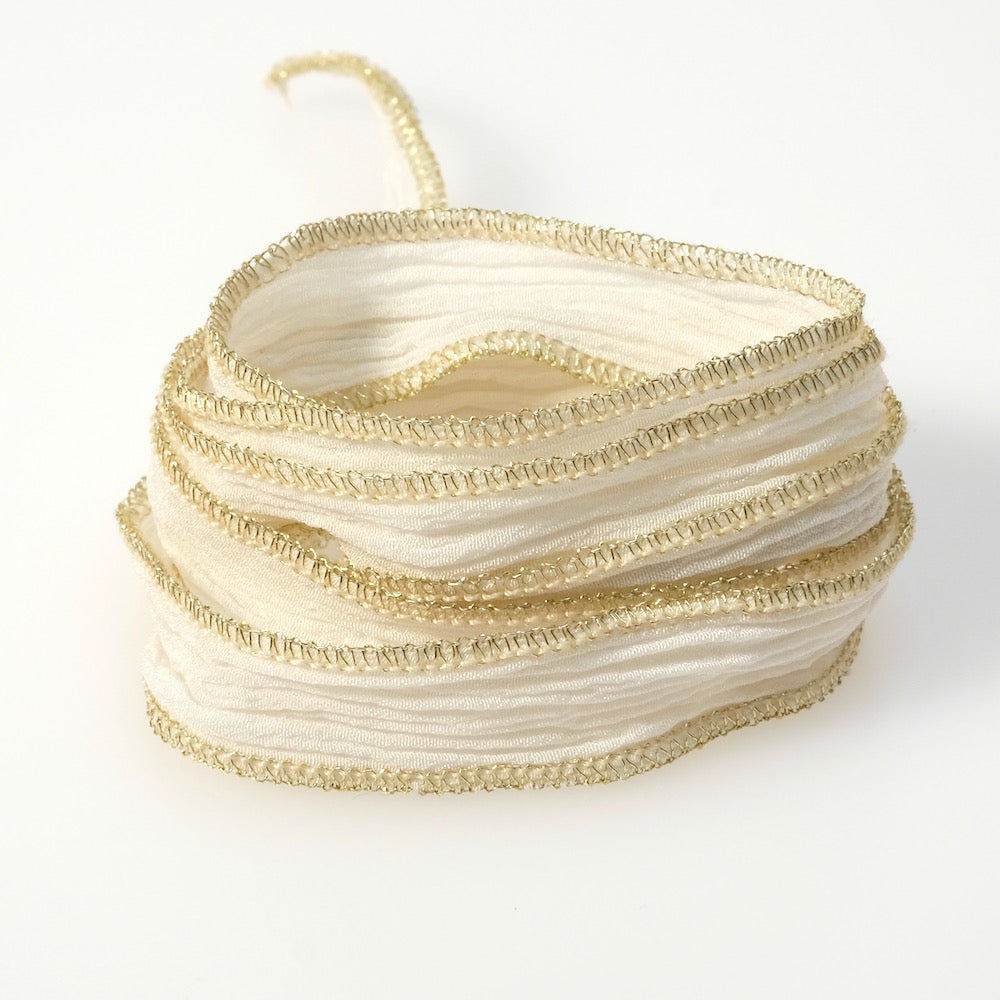 Hand-dyed silk ribbon White couture gold