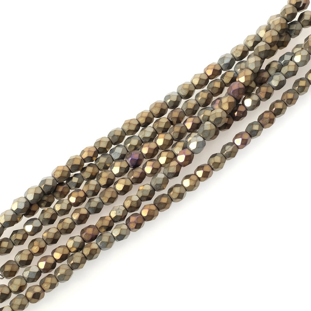 Strand of round faceted Bohemian beads 4 mm metallic