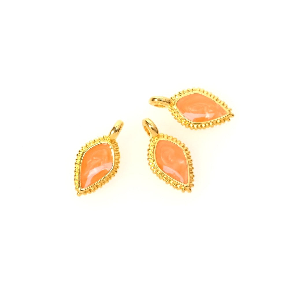 2 24K gold-plated Zamak pearly coral orange enamelled ethnic drop pendants