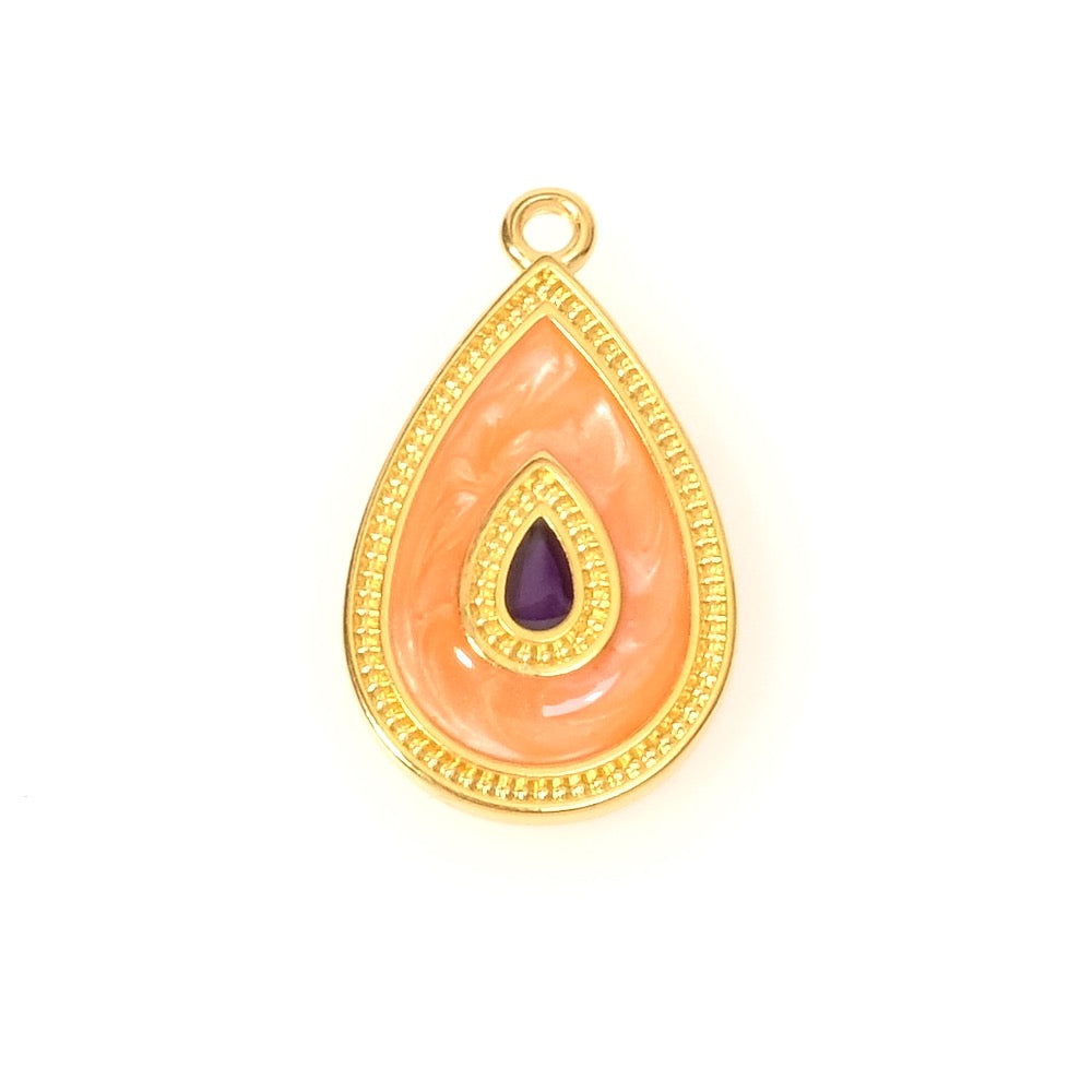 Pearly Coral and Dark Violet Enamelled Teardrop Pendant in 24K Gold Plated Zamak
