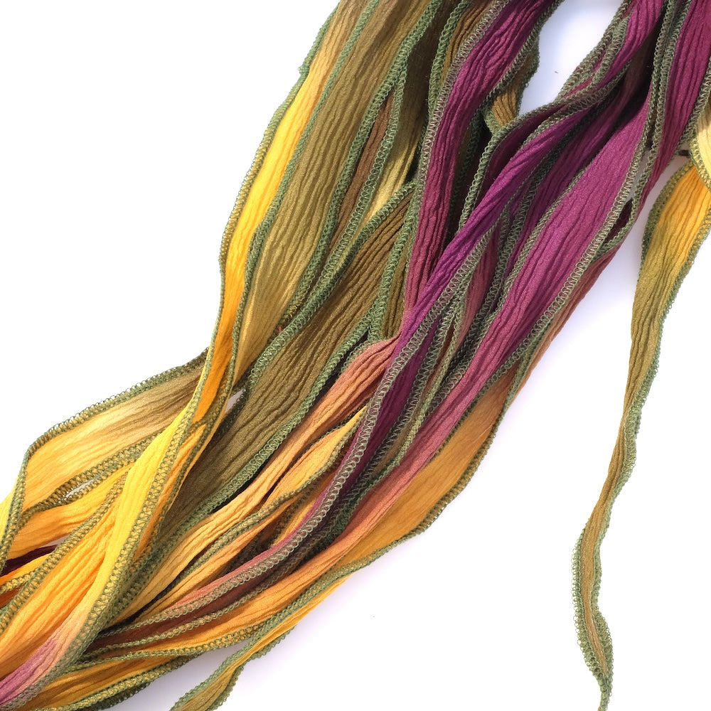 Hand-dyed silk ribbon - Purple yellow green