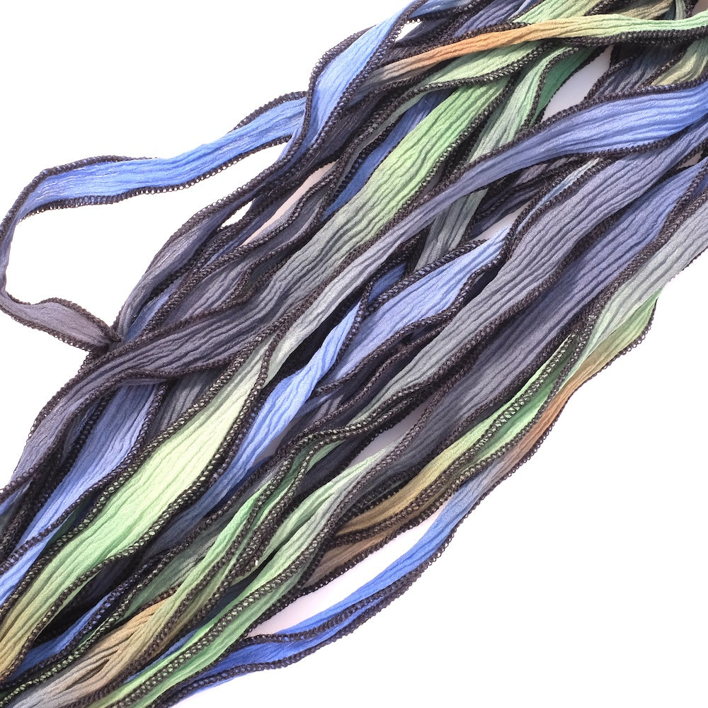 Hand-dyed silk ribbon - Blue green