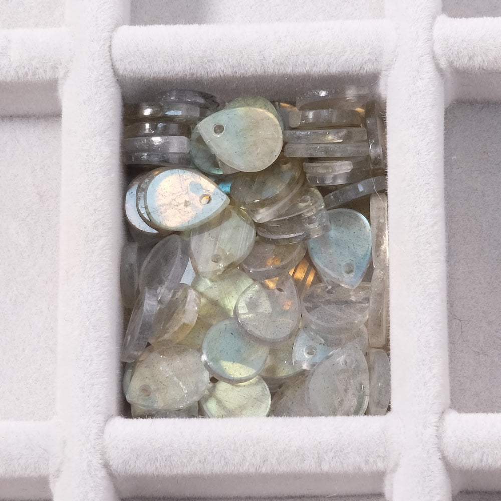 2 Sequin drop pendants 8x6mm in natural Labradorite stone